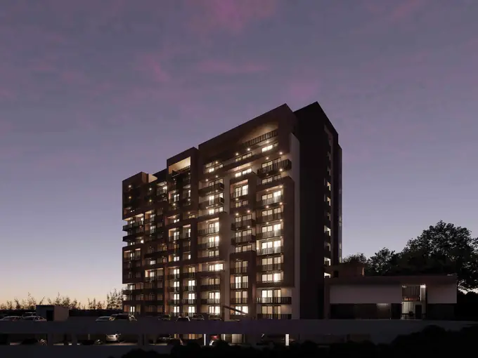 Render exterior de la torre HITO 18 al caer la tarde